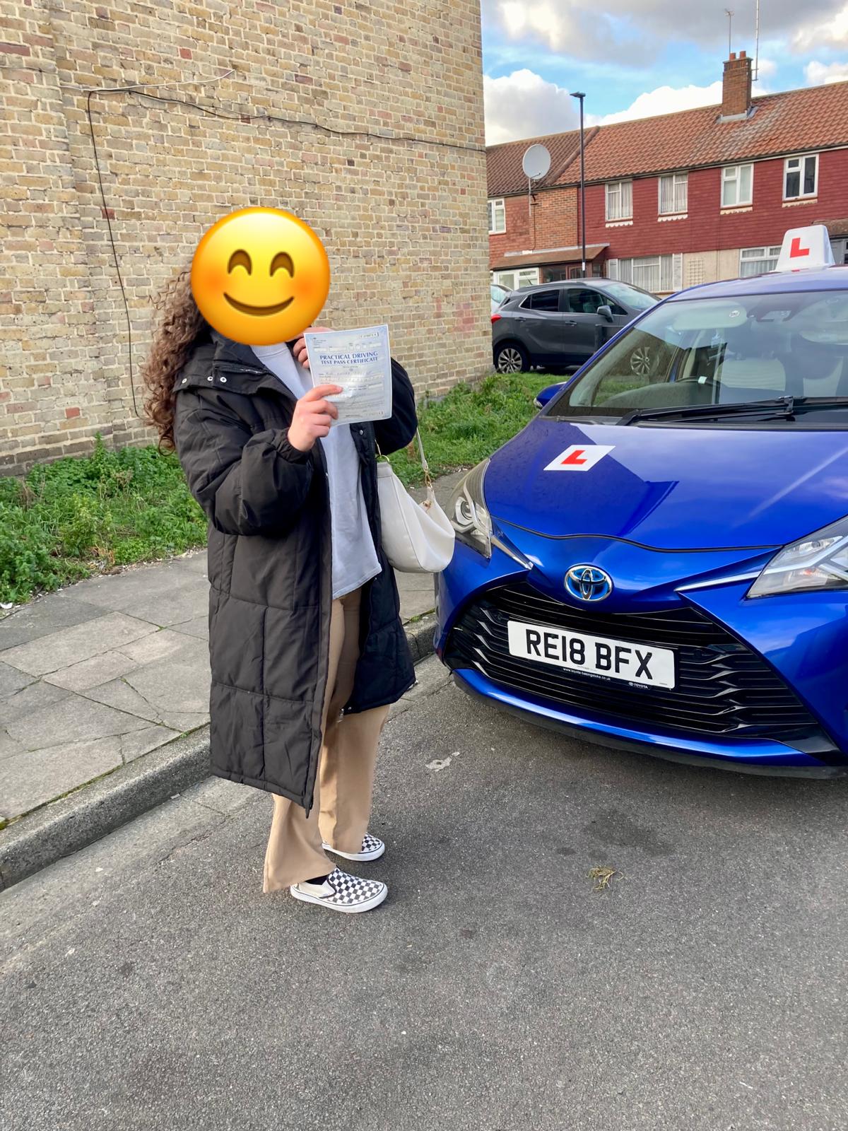 Happy student K.B. who passed driving test in London